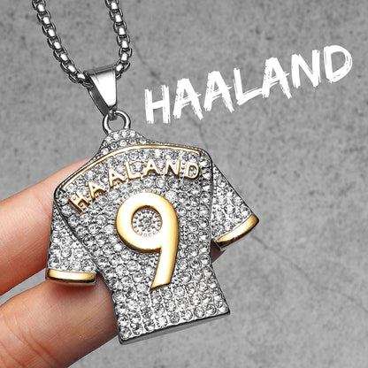 Pendant shaped like a sports jersey with 'HAALAND' and number '9' on a grey background