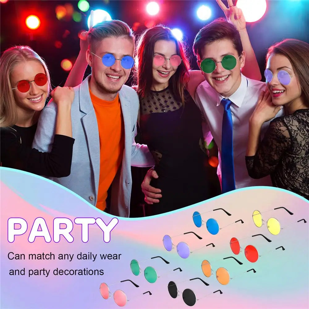 Group of people wearing colourful sunglasses with a party theme.