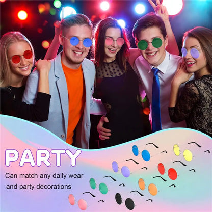 Group of people wearing colourful sunglasses with a party theme.