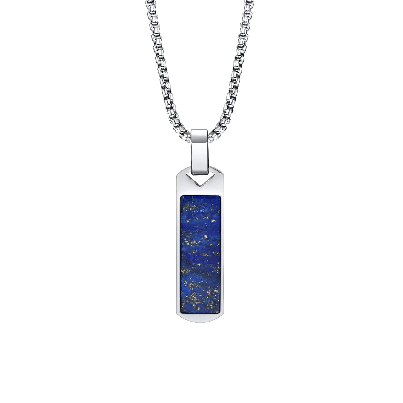 Silver necklace with a blue stone pendant and measurements on a white background