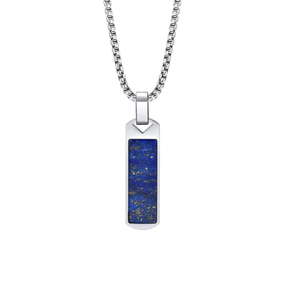 Silver necklace with a blue stone pendant and measurements on a white background