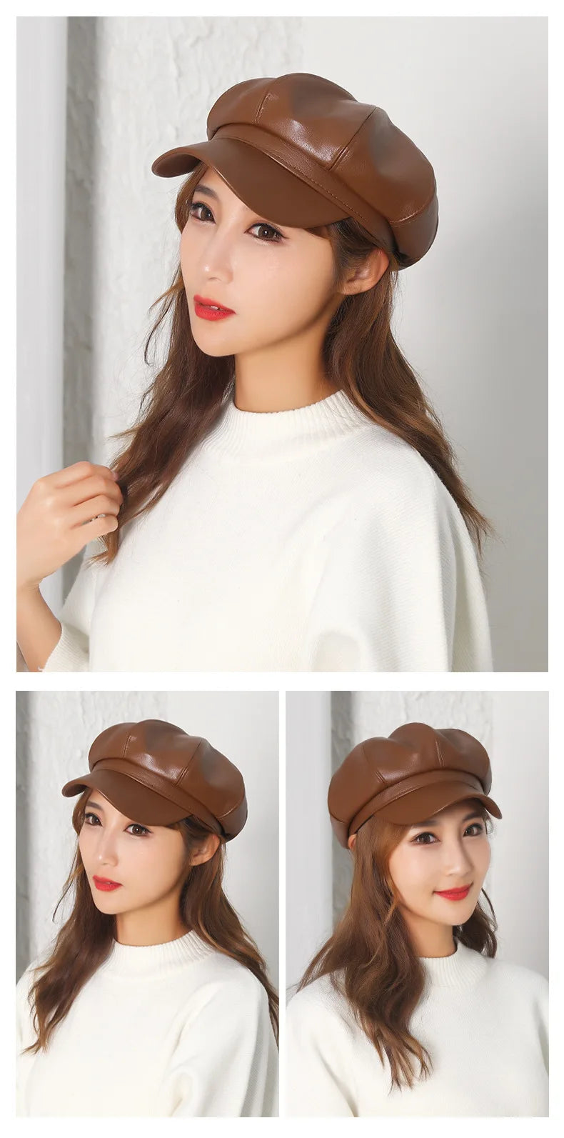 Woman wearing a brown leather cap with close-up views on a white background