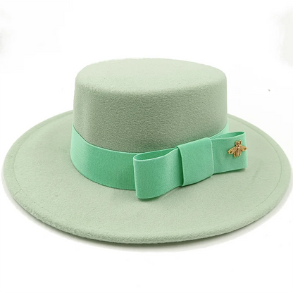 Flat Top Fedora Hat with Bow Tie