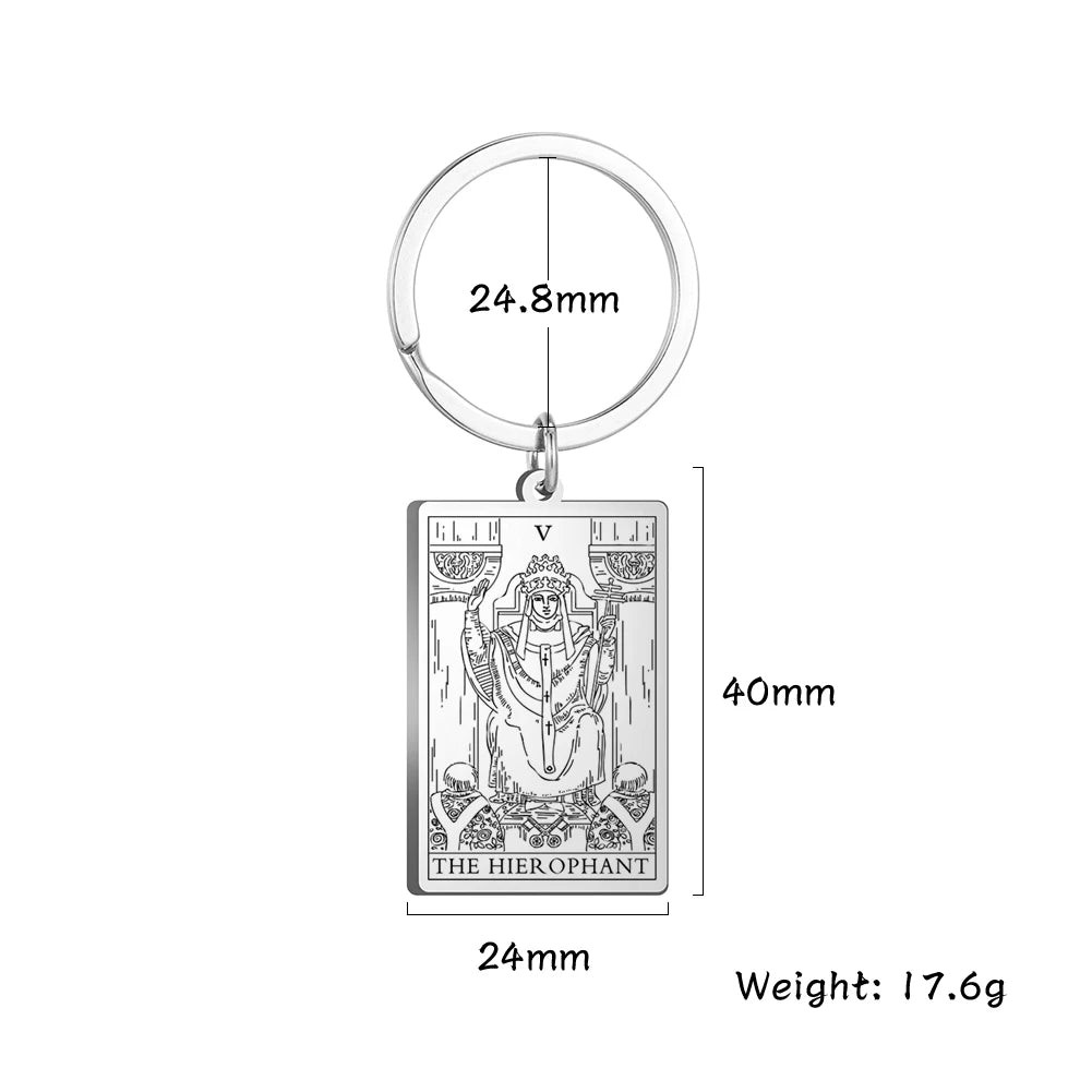 Keychain with Tarot card design and measurements on a white background