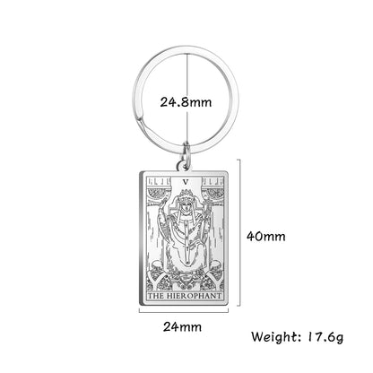 Keychain with Tarot card design and measurements on a white background