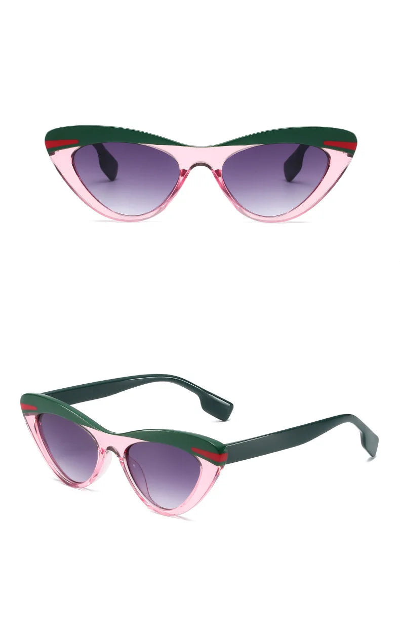 Cat-eye sunglasses with pink and green frame on a white background