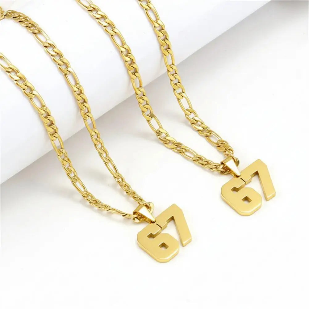 Two gold necklaces with number '67' pendants on a white background