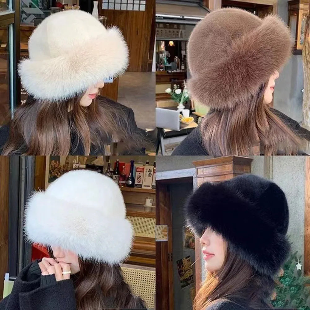 Four different views of a person wearing a fur hat in various settings.