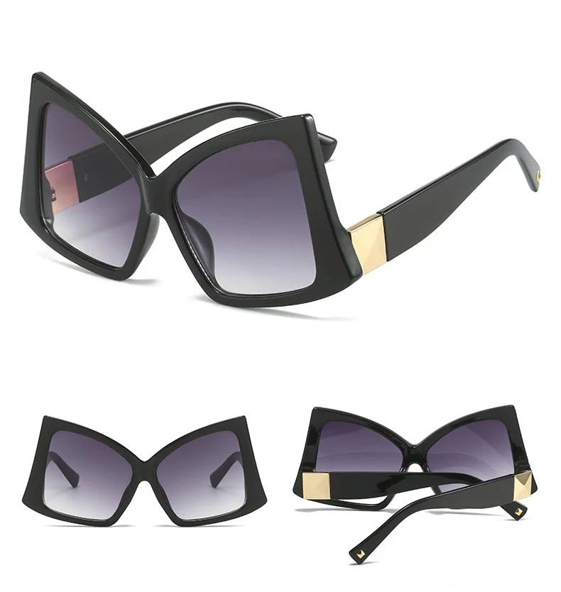 Black sunglasses with gold accents shown from front and back on a white background