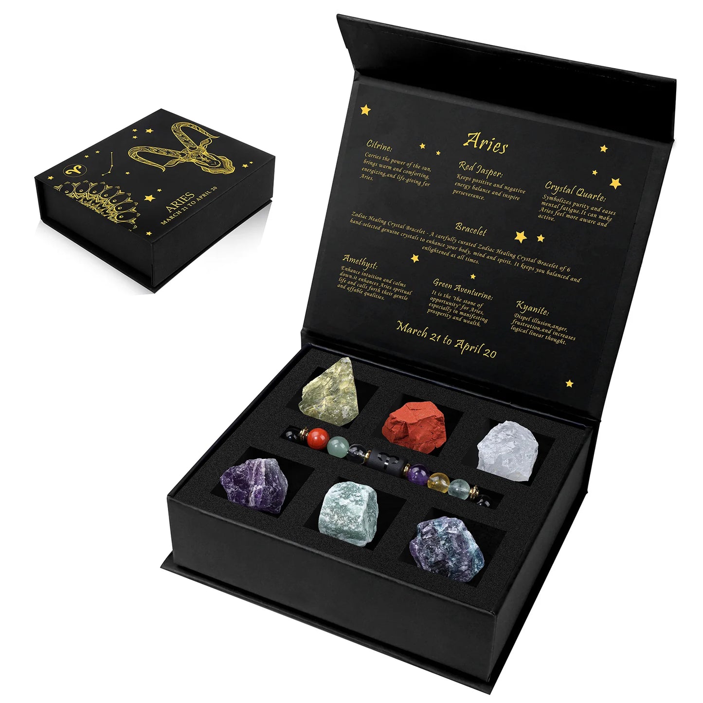 Set of crystals in a black box with astrological information on a white background