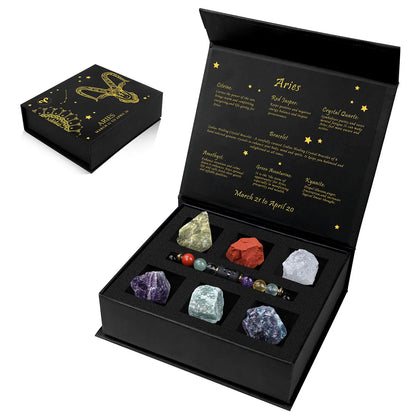 Set of crystals in a black box with astrological information on a white background