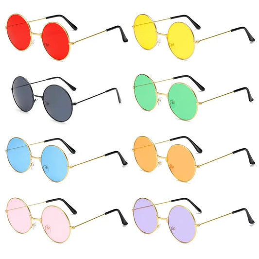 Set of round sunglasses with colorful lenses on a white background
