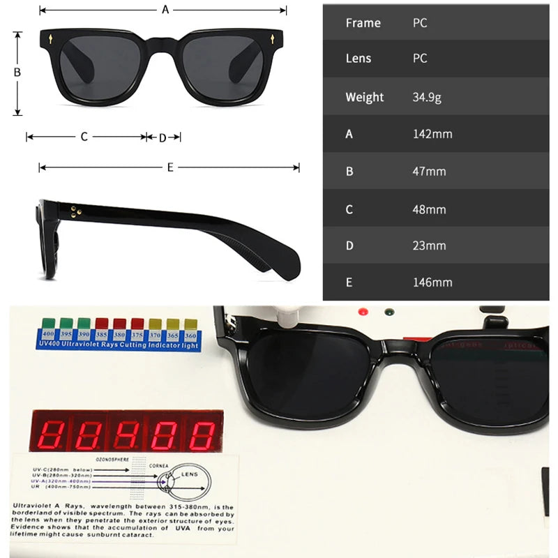 Black sunglasses with measurements, UV protection details, and a weight indicator.