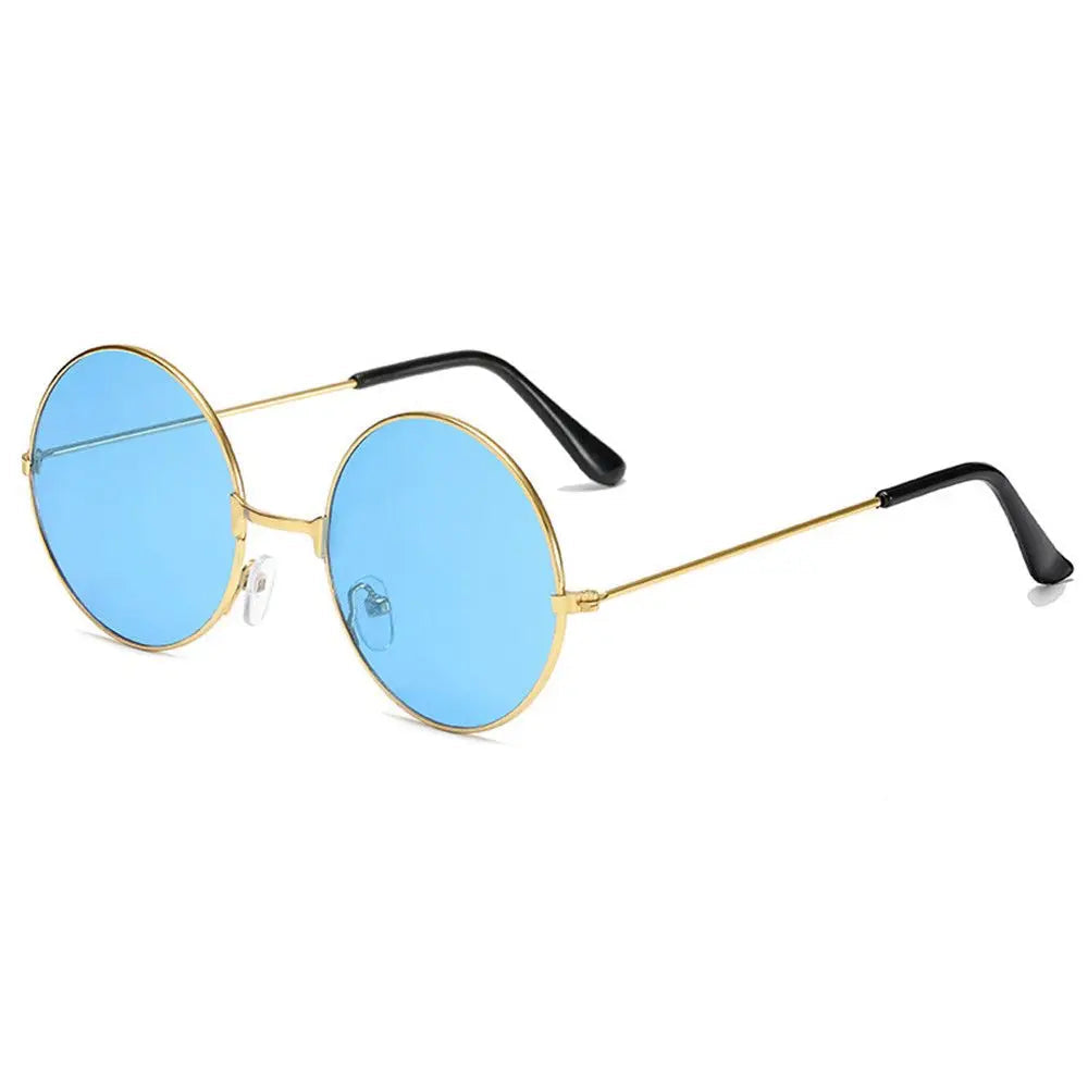 Blue round sunglasses with gold frame and black arms on a white background