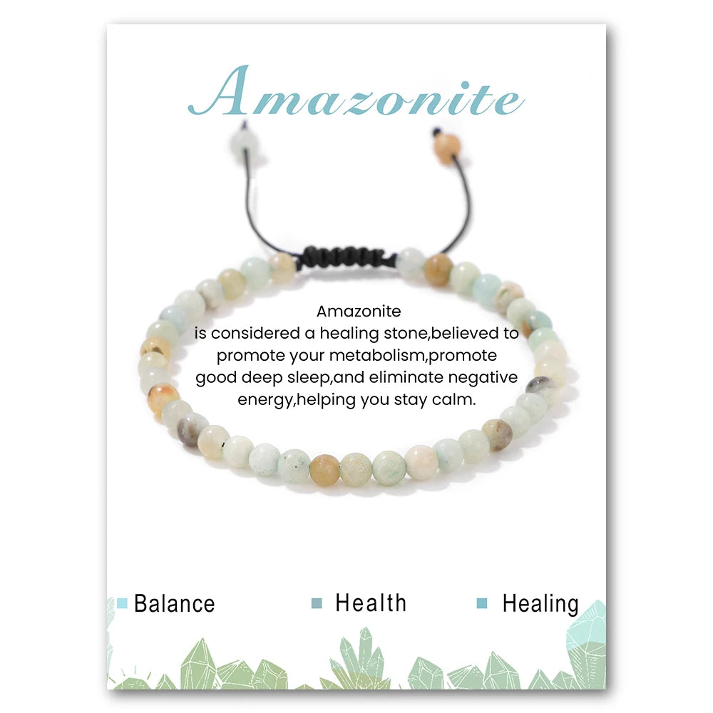 Amazonite bracelet on a card with text about its properties and benefits.