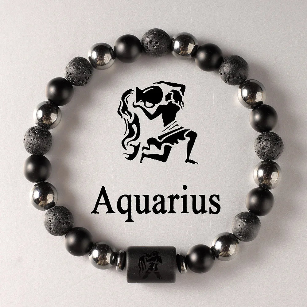 Beaded bracelet with Aquarius symbol on a light grey background