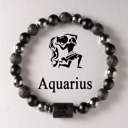 Beaded bracelet with Aquarius symbol on a light grey background
