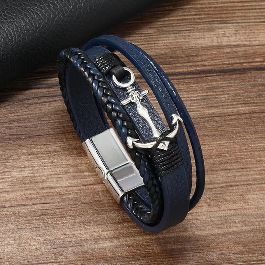 A multi-strand leather bracelet with a blue and black colour scheme, featuring a silver anchor clasp.