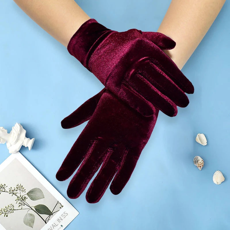Pair of burgundy velvet gloves on a light blue background with decorative elements.