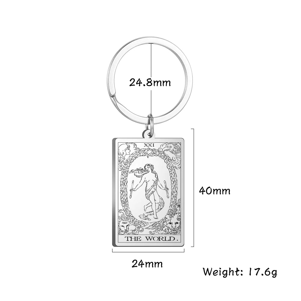 Keychain with tarot card design and measurements on a white background