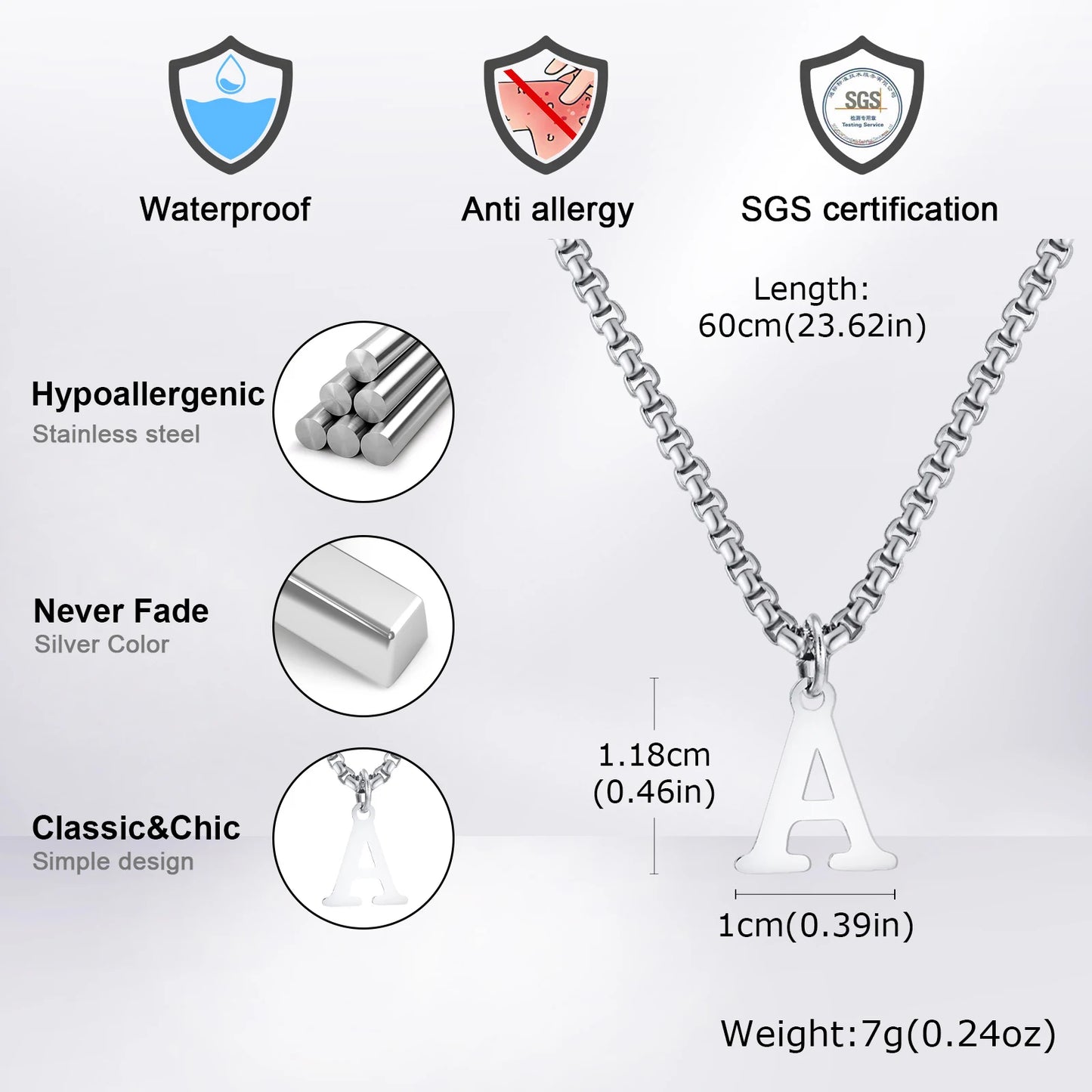 Silver necklace with letter 'A' pendant, featuring certifications and specifications on a white background.