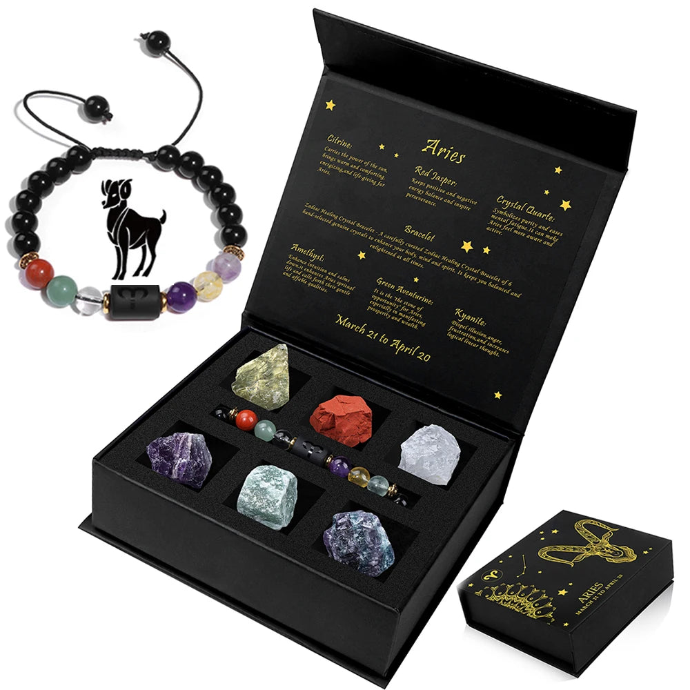 Set of crystals and a bracelet with zodiac sign design, displayed in an open black box.