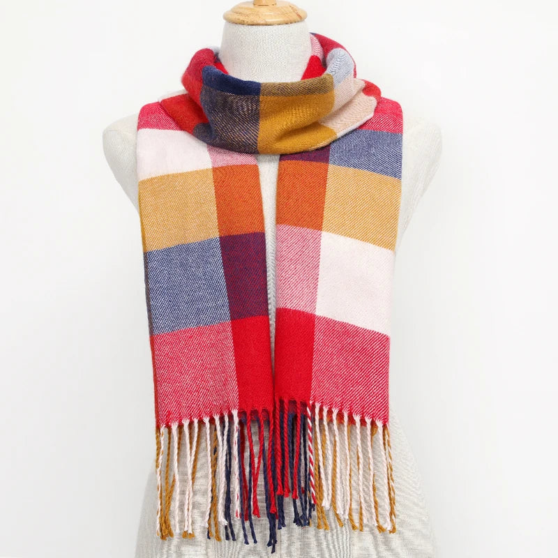 Colourful plaid scarf on a mannequin with a white background