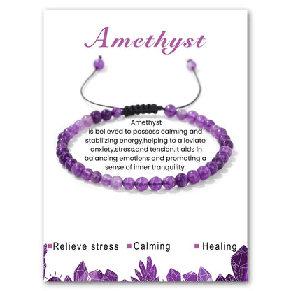 Amethyst bracelet on a card with descriptive text and crystal graphics.