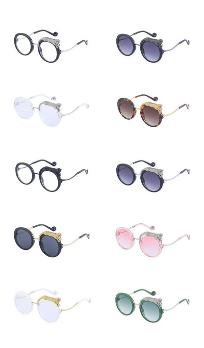 Various styles of sunglasses on a white background