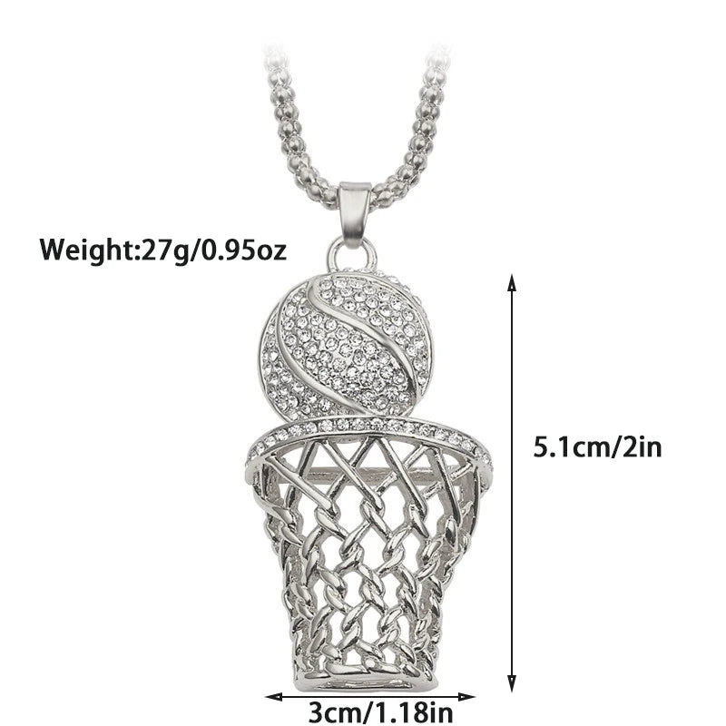 Silver basketball hoop and ball pendant with measurements on a white background