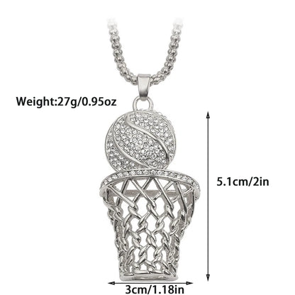 Silver basketball hoop and ball pendant with measurements on a white background