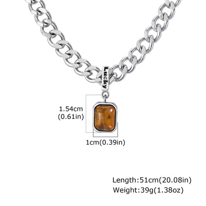 Silver chain necklace with a brown pendant, showing measurements and brand name.