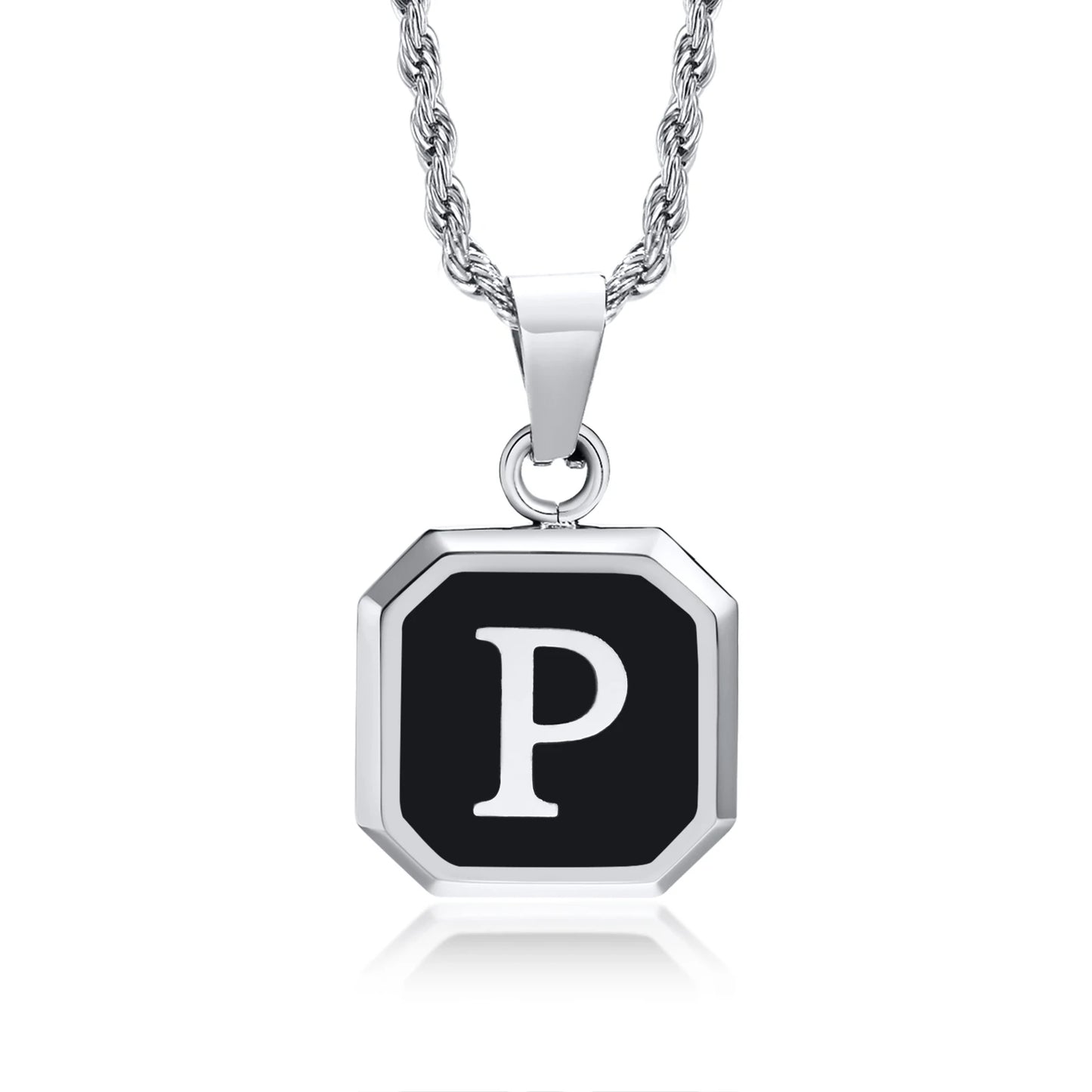 Necklace with a black octagonal pendant featuring the letter 'P' on a white background
