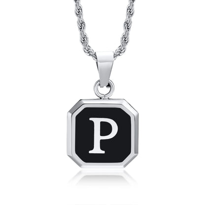 Necklace with a black octagonal pendant featuring the letter 'P' on a white background