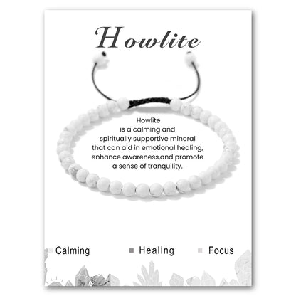 Howlite bracelet on a card with descriptive text and mineral imagery.