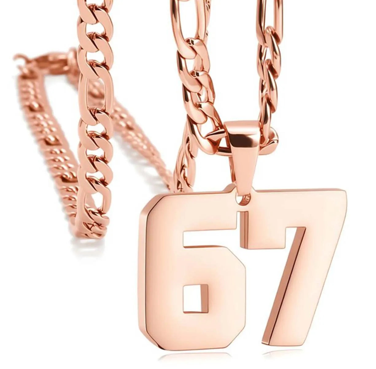Rose gold necklace with a number '67' pendant on a white background