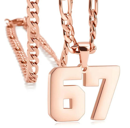 Rose gold necklace with a number '67' pendant on a white background