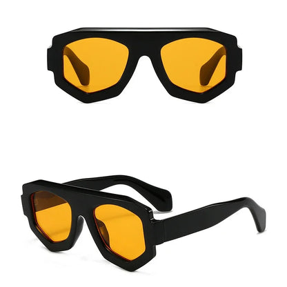 Black sunglasses with yellow lenses on a white background