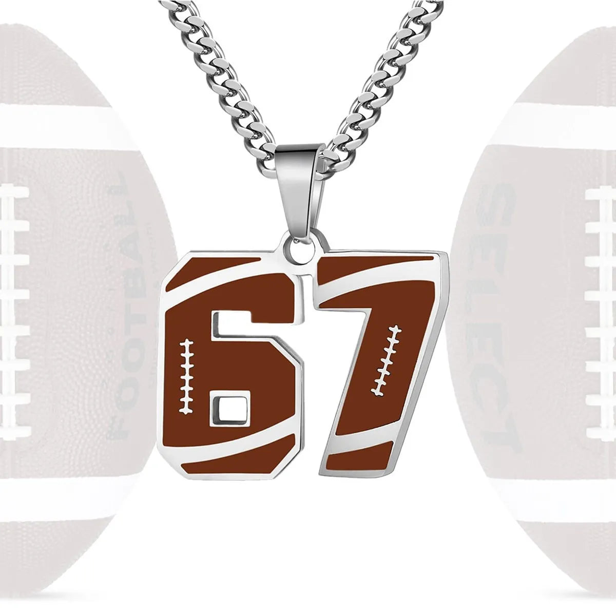 Necklace with a football-shaped pendant featuring the number 67, set against a background of footballs.