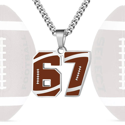 Necklace with a football-shaped pendant featuring the number 67, set against a background of footballs.