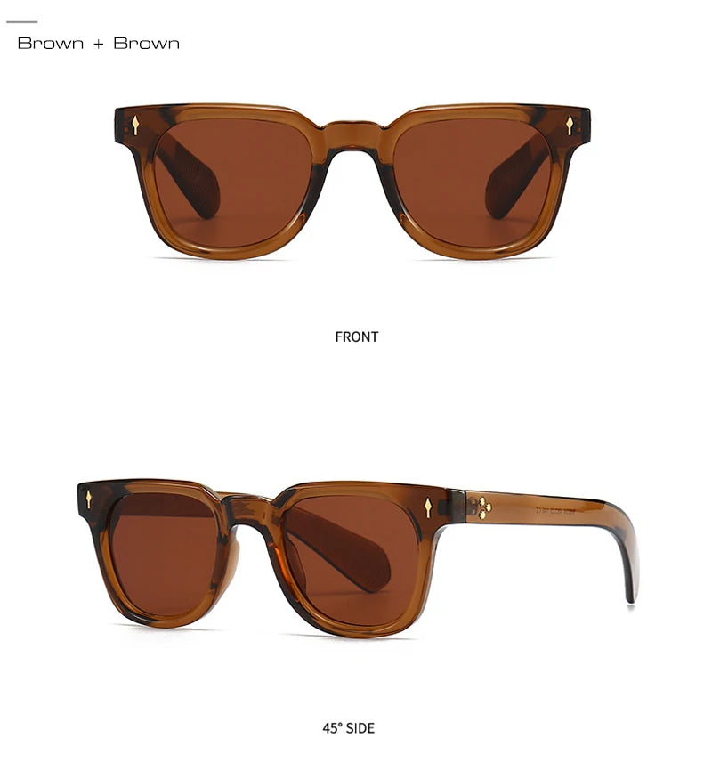 Brown sunglasses shown from front and side views on a white background
