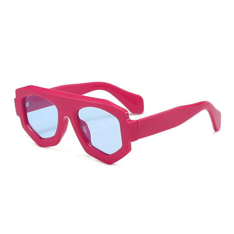 Pink sunglasses with blue lenses on a white background