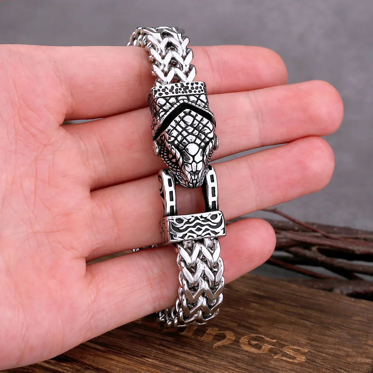 Nordic Snake Head Stainless Steel Bracelet with Wooden Gift Box