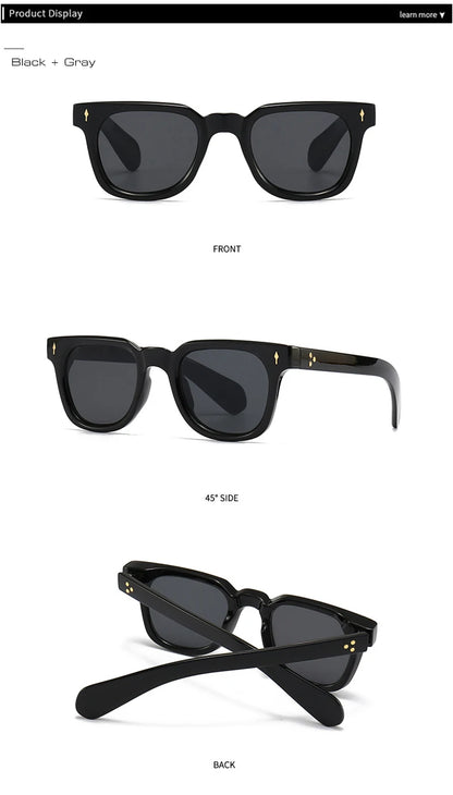Black sunglasses shown from front, side, and back on a white background