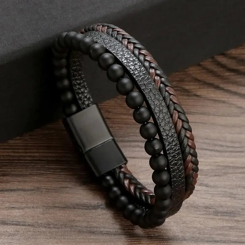 Classic Bead Plaited Leather Bracelet