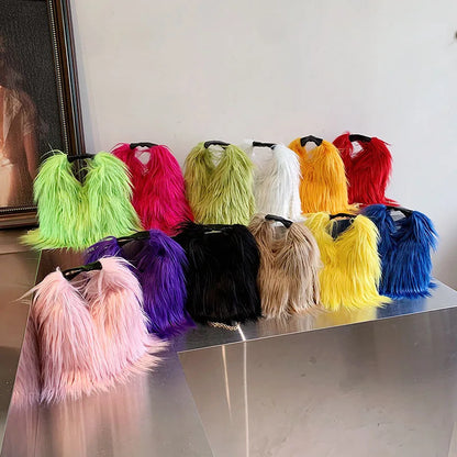Colourful fluffy bags on a reflective surface with a neutral background