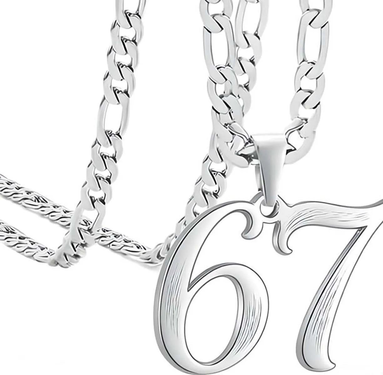 Silver necklace with a number '67' pendant on a white background