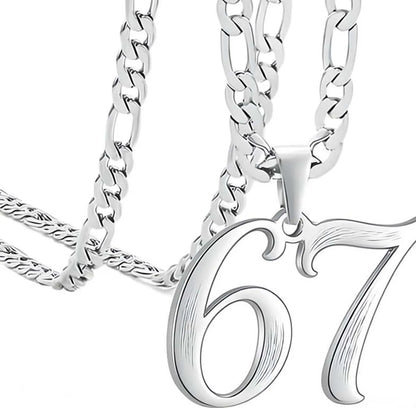 Silver necklace with a number '67' pendant on a white background