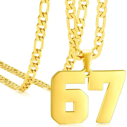 Gold necklace with a number '67' pendant on a white background