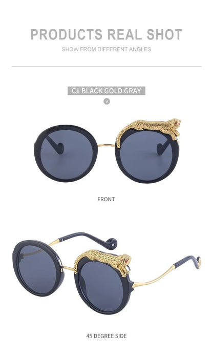 Sunglasses with gold accents shown from front and side angles on a white background.